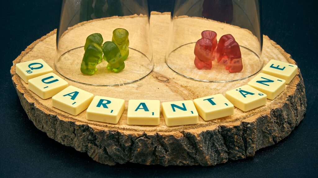 Auf einer Baumscheibe ist mit Scrabble-Buchstaben das Wort Quarantäne gelegt. Darüber stehen zwei Kleingruppen aus Gummibärchen, eine grün und eine rot, jeweils unter einer Glaskuppel