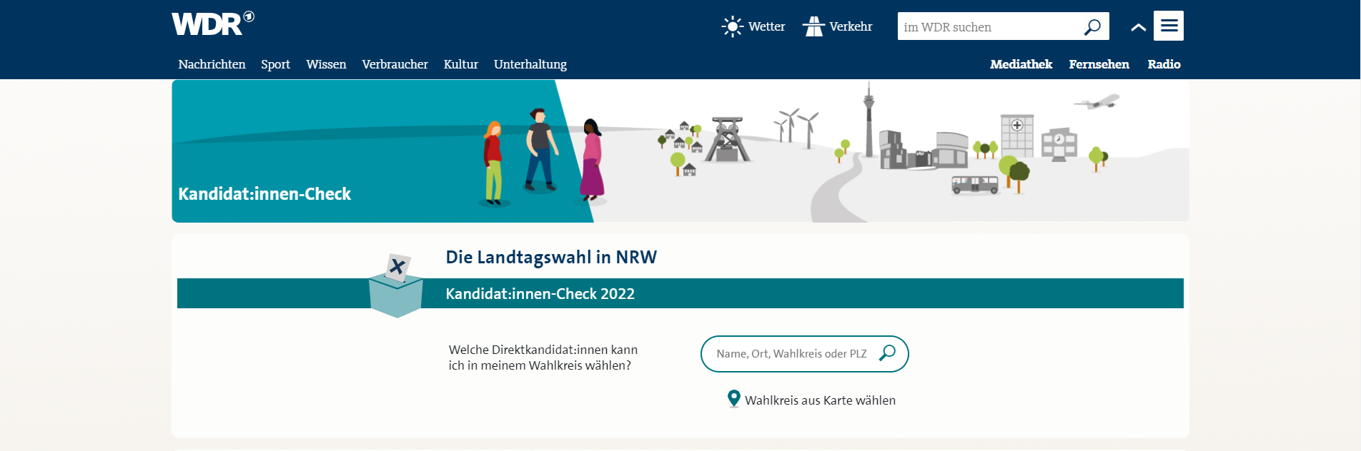 Screenshot von der Startseite des WDR-Kandidatenchecks zur Landtagswahl 2022