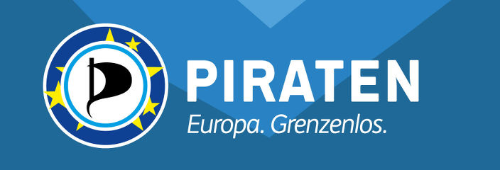 Logo der Europäischen PIRATEN Signet der Piratenpartei mit einem Rand, in dem die 12 Sterne aus der Flagge der Europäischen Union stilisiert abgebildet sind, auf blau strukturiertem Hintergrund. Unter dem Wort PIRATEN steht der Claim "Europa. Grenzenlos."