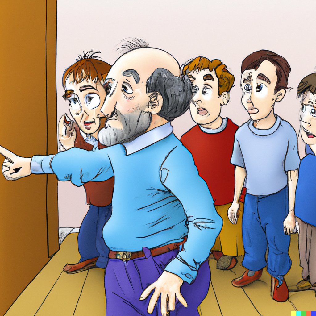 Gruppe älterer weißer Männer zeigt auf die Tür