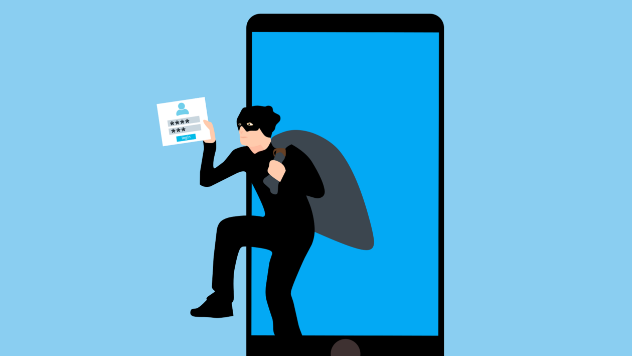 Ein maskierter Dieb klettert aus einem Smartphone-Bildschirm und trägt einen Loginscreen in der Hand sowie einen offenbar gefüllten Sack hinter dem Rücken