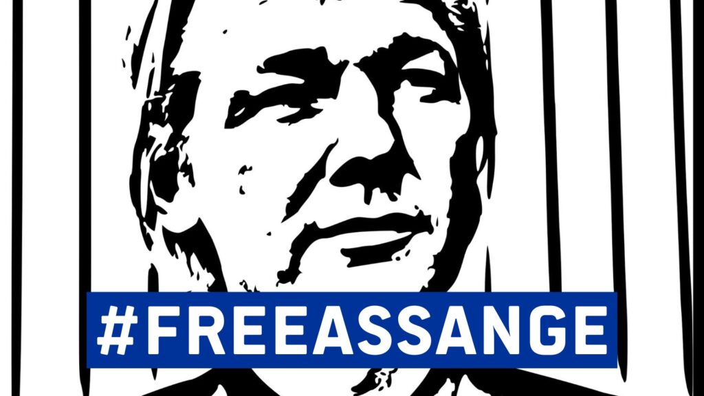 Sharepic #FREEASSANGE (stilisierte Zeichnung von Julian Assange hinter Gittern), darunter der blau hinterlegte Schrittzug #FREEASSANGE